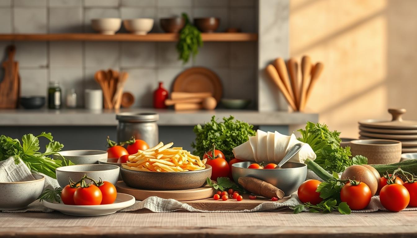 Balanced healthy meal prepared in a home kitchen
